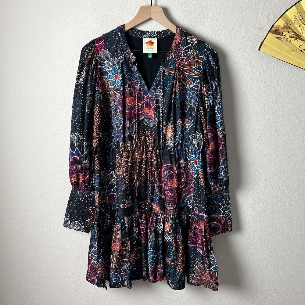 farm rio sparkle flowers black floral satin beaded tassel boho tie mini dress